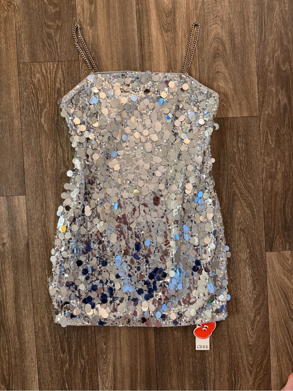 Cider | Silver Sequin Mini Dress with Chain Straps